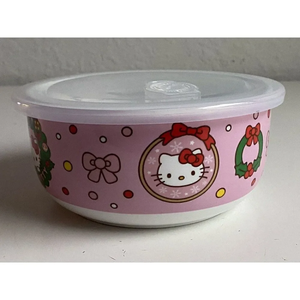 Hello‎ Kitty Christmas Pressure Lid Ceramic Food Storage Bowl Pink LARGE NEW
